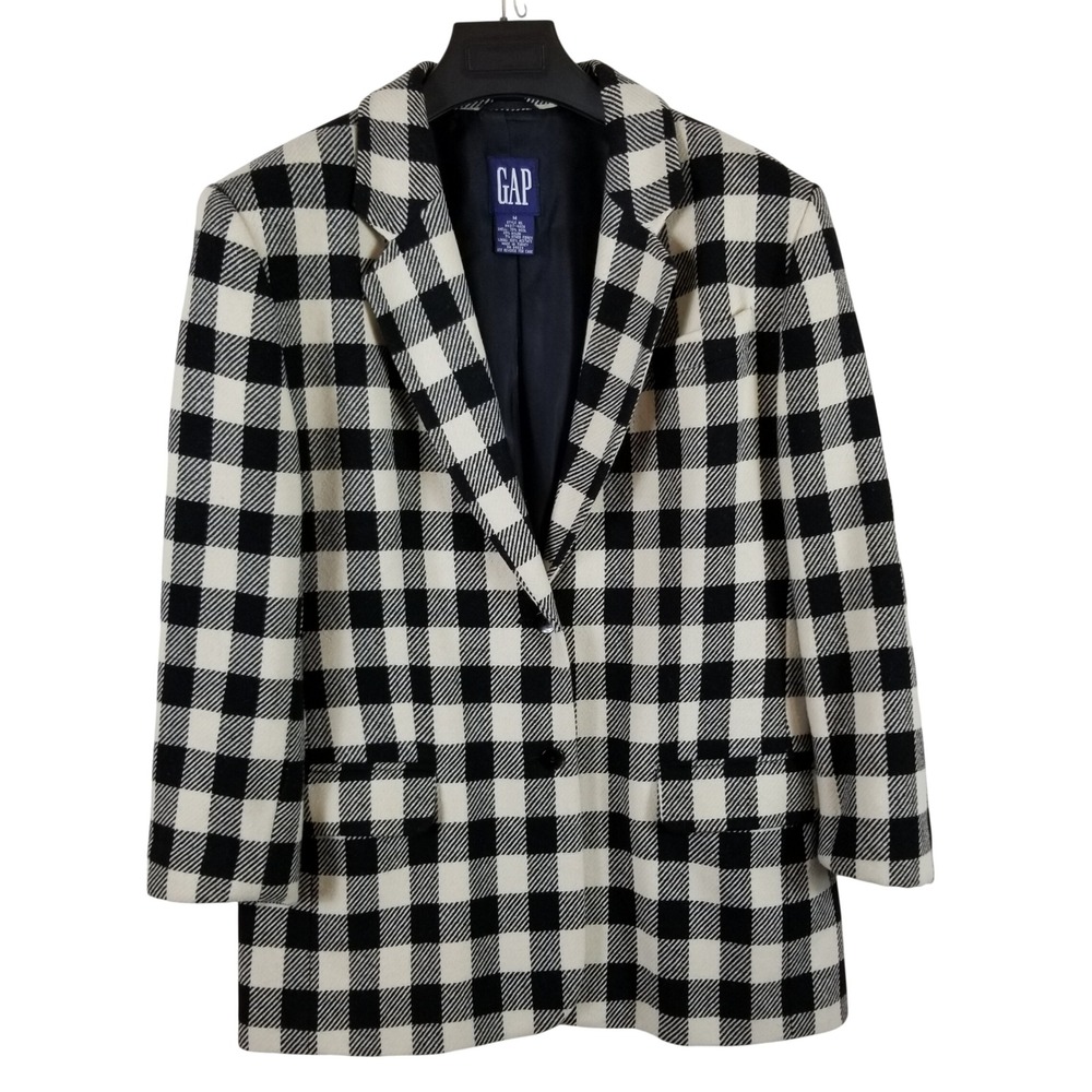 GAP Womens Wool Blend Buffalo Plaid Blazer Jacket Black White Size M 99317-4600‎